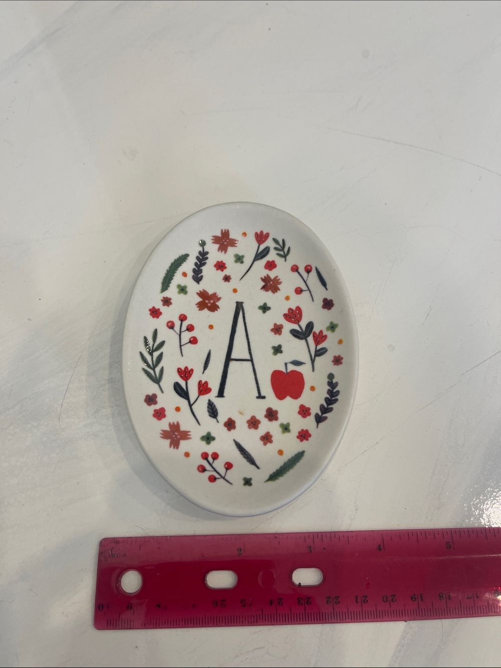 Anthropologie Cream Floral Monogram Dish with Red Accents